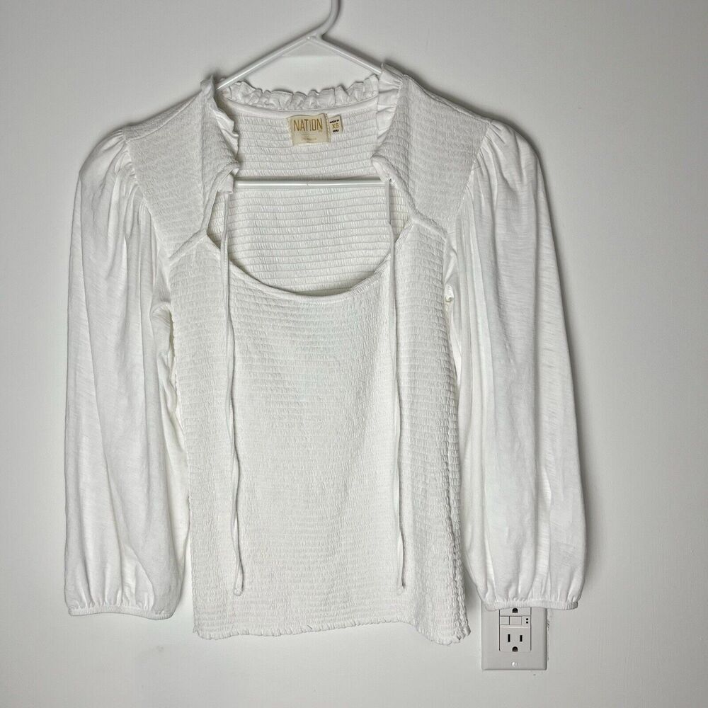 Nation LTD white smocked top with tie at neck. CUTE 100%‎ Pima cotton XS​